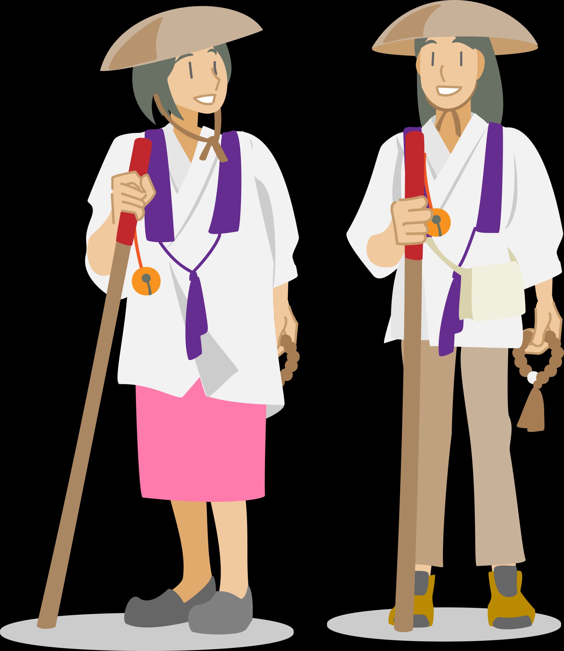 紫の輪袈裟と金剛杖を身につけたお遍路さん